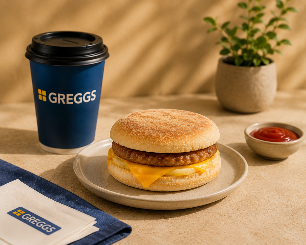 Greggs breakfast items with hot drink